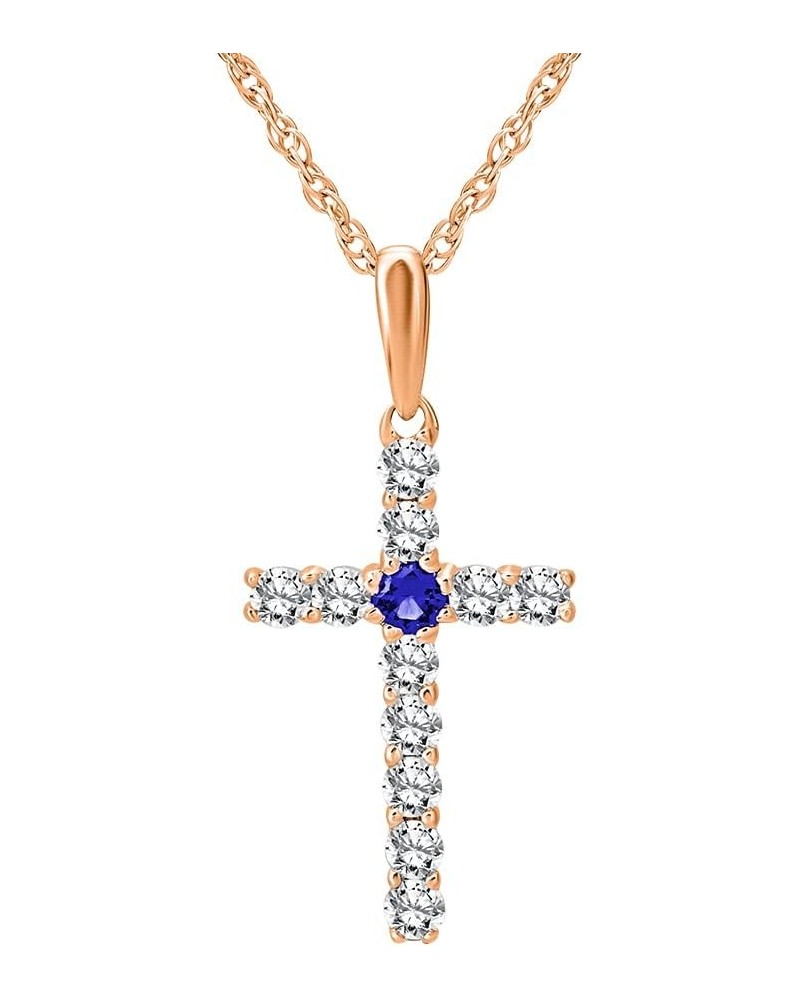 14K Gold Diamond and Created Blue Sapphire Cross Pendant with Sterling Silver Rope Chain Necklace (1/4 cttw, I-J Color, I2-I3...