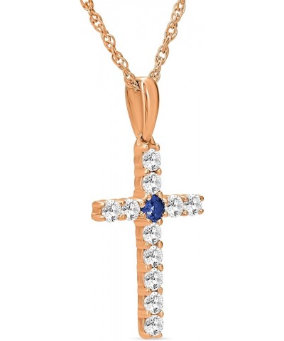 14K Gold Diamond and Created Blue Sapphire Cross Pendant with Sterling Silver Rope Chain Necklace (1/4 cttw, I-J Color, I2-I3...