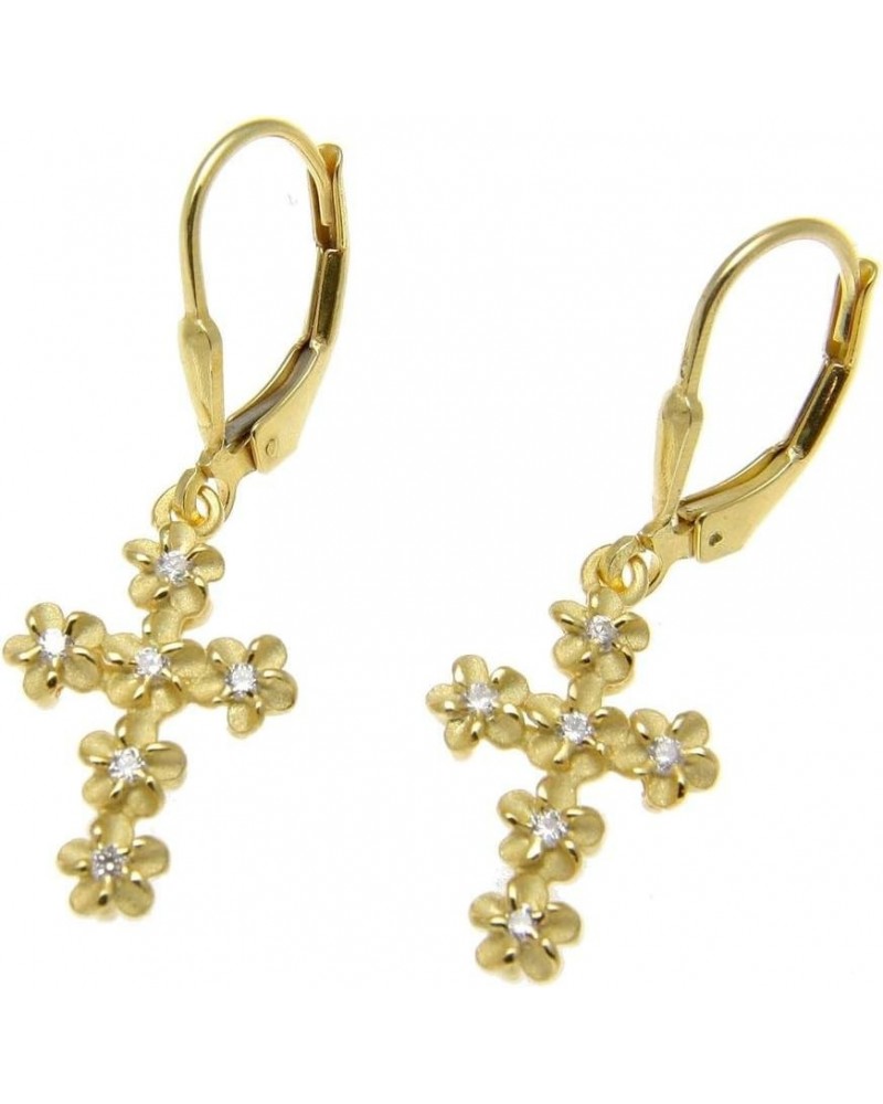 Yellow gold plated 925 sterling silver Hawaiian plumeria flower cz cross leverback earrings $21.82 Others