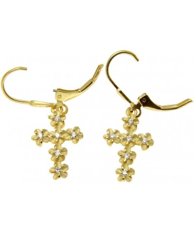 Yellow gold plated 925 sterling silver Hawaiian plumeria flower cz cross leverback earrings $21.82 Others