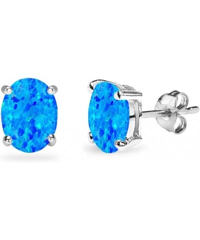 Sterling Silver Synthetic Opal Oval-Cut Solitaire Stud Earrings for Women Teens & Girls 7x5mm - Blue - Silver $9.50 Earrings