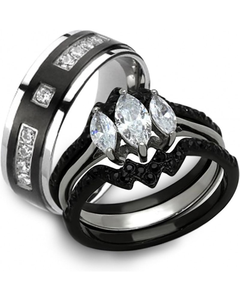 His and Her 4 Piece Black and Silver Stainless Steel and Titanium Wedding Ring Band Set Size Women's 11 Men's 07 $27.42 Sets