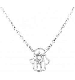 Women's Protective Stylish 14K Dipped Evil Eye Hamsa Hand With Center Crystal Petite Pendant Necklace, 16"+3" Extension 14K W...