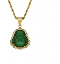 18k Gold Plated Laughing Buddha Pendant Necklace Green Jade Cubic Zirconia Gemstone Lucky Amulet Jewelry for Women Men Green ...