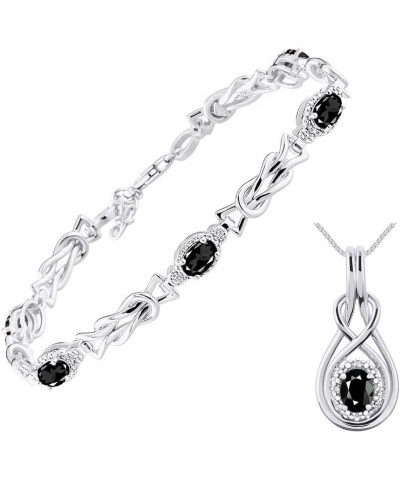 Women's Sterling Silver Love Knot Set: Tennis Bracelet & Pendant Necklace. Gemstone & Diamonds, 7"-8" Adjustable Wrist, 18" C...