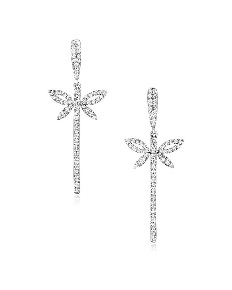 S925 Sterling Silver Post Dragonfly Dangle Earrings Cubic Zirconia Dainty Jewelry for Women Silver $9.53 Earrings