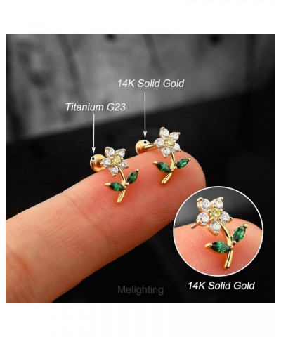 14K Solid Gold Threadless Earring Gold Flower Flat Back Earring Titanium Threadless Push in Earring for Women 16G Solid Gold ...