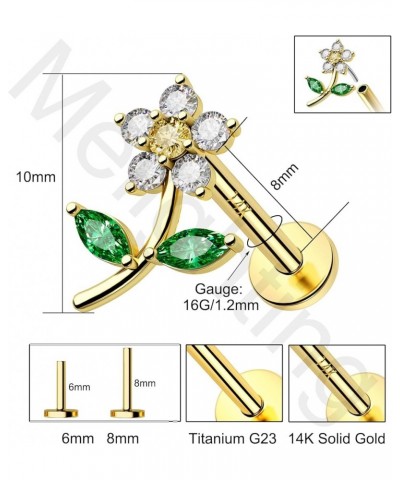 14K Solid Gold Threadless Earring Gold Flower Flat Back Earring Titanium Threadless Push in Earring for Women 16G Solid Gold ...