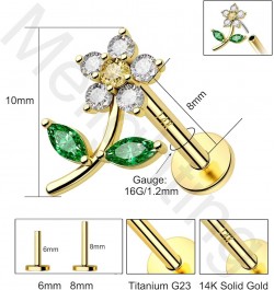 14K Solid Gold Threadless Earring Gold Flower Flat Back Earring Titanium Threadless Push in Earring for Women 16G Solid Gold ...