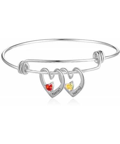 Custom Name Bracelets with 2-3 Hearts Simulated Birthstones Free Engraved Personalized Bangle Bracelets for Women Silver-2nam...