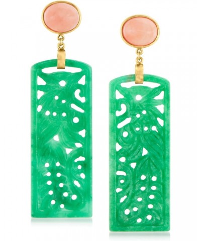 Carved Green Jade and Pink Coral Drop Earrings in 14kt Gold Over Sterling $70.30 Earrings