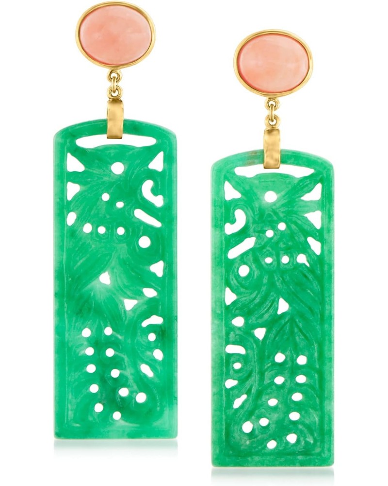 Carved Green Jade and Pink Coral Drop Earrings in 14kt Gold Over Sterling $70.30 Earrings