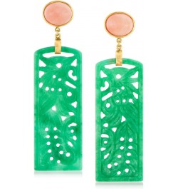 Carved Green Jade and Pink Coral Drop Earrings in 14kt Gold Over Sterling $70.30 Earrings