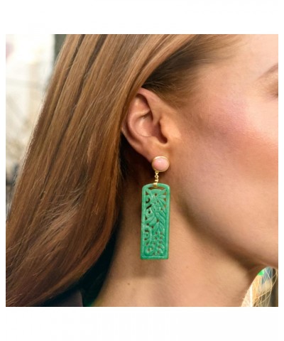 Carved Green Jade and Pink Coral Drop Earrings in 14kt Gold Over Sterling $70.30 Earrings