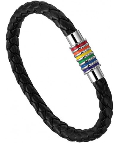 Leather Braided LGBT Rainbow Bangle Bracelet - Gay & Lesbian Pride black silver 190.0 Millimeters $8.96 Bracelets