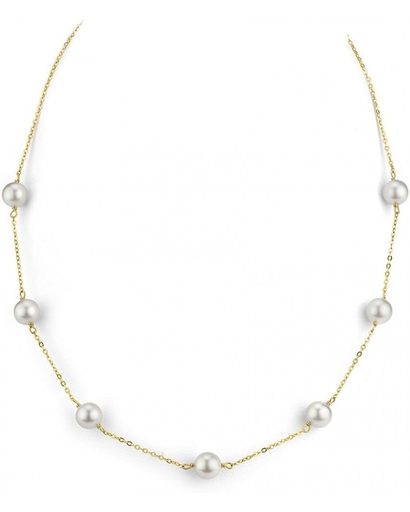 14K Gold Round Genuine White Japanese Akoya Saltwater Cultured Pearl Tincup Necklace for Women 20.0 Inches 7.0-7.5mm $186.48 ...