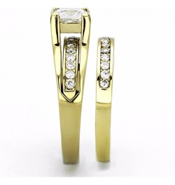 Couples Ring Set Womens 14K Gold Plated Stainless Steel Princess CZ Engagement Ring Mens Gold Plated Flat Wedding Band Size W...