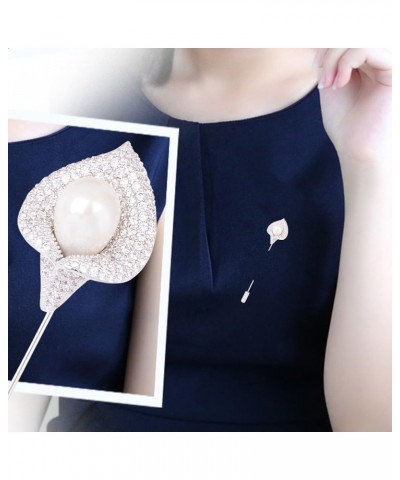 Women Crystal Rhinestone Calla Lily Floral Boutonniere Lapel Stick Pin Brooch Cardigan Scarf Tie Pin Pearl Flower Breastpin W...