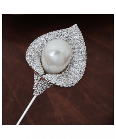 Women Crystal Rhinestone Calla Lily Floral Boutonniere Lapel Stick Pin Brooch Cardigan Scarf Tie Pin Pearl Flower Breastpin W...