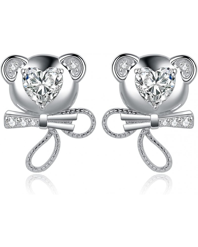 Love Bear 3.1ct Heart Cut Cubic Zirconia Stud Earrings for Women, Bow Knot 14K White Gold Plated 925 Sterling Silver Earring ...