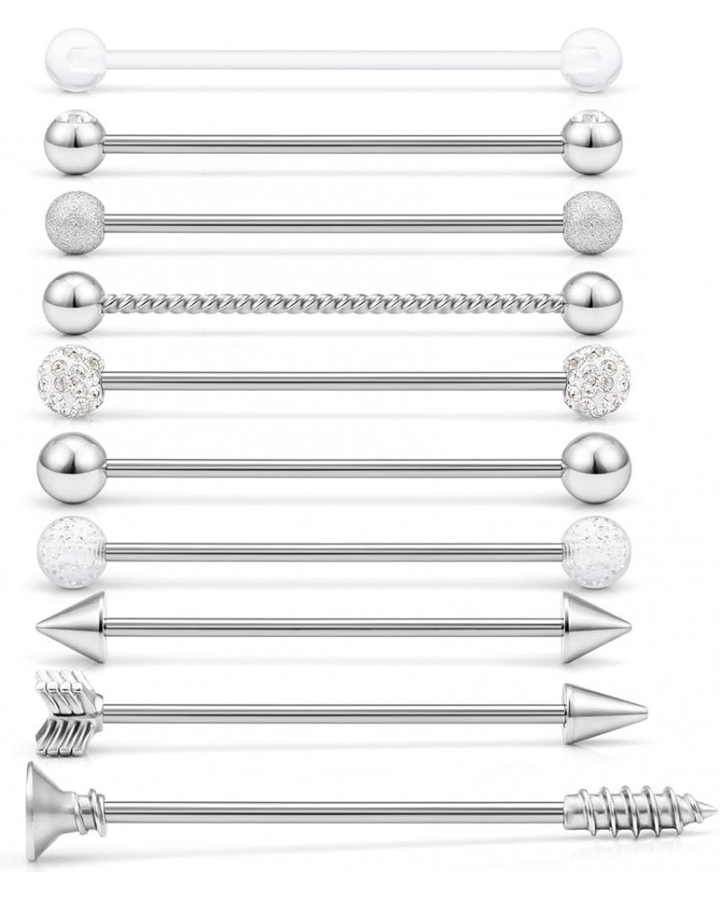 Industrial Bar Earring 14 Gauge 10PCS Matte Gilitter Braided Ball Arrow Screw Crystal CZ Clear Ball Industrial Barbell Cartil...