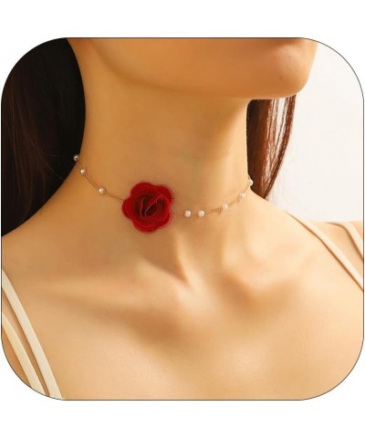 Red Rose Flower Choker Necklace for Woman Vintage Pearl Choker Necklace Purple Floral Choker for Women Bride Wedding Party Su...