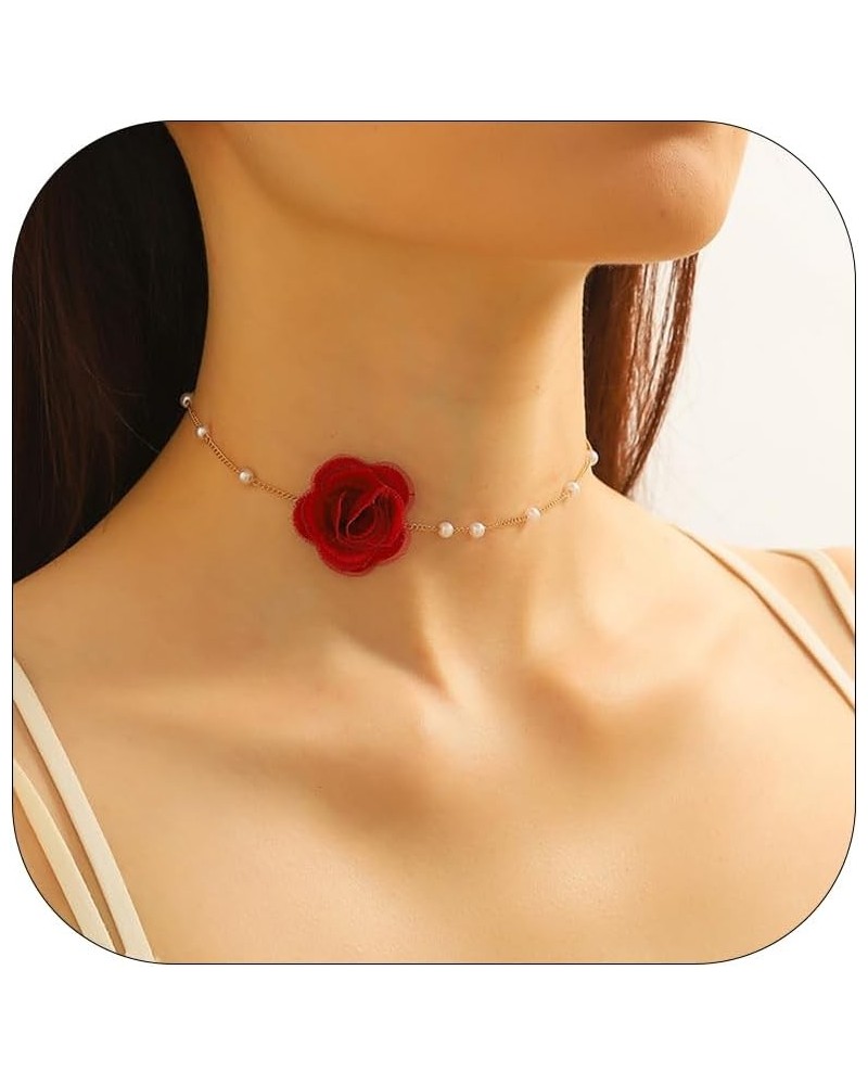 Red Rose Flower Choker Necklace for Woman Vintage Pearl Choker Necklace Purple Floral Choker for Women Bride Wedding Party Su...