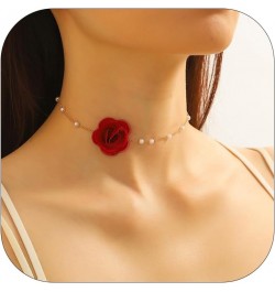 Red Rose Flower Choker Necklace for Woman Vintage Pearl Choker Necklace Purple Floral Choker for Women Bride Wedding Party Su...