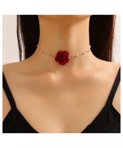 Red Rose Flower Choker Necklace for Woman Vintage Pearl Choker Necklace Purple Floral Choker for Women Bride Wedding Party Su...