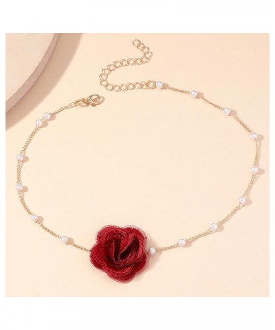 Red Rose Flower Choker Necklace for Woman Vintage Pearl Choker Necklace Purple Floral Choker for Women Bride Wedding Party Su...