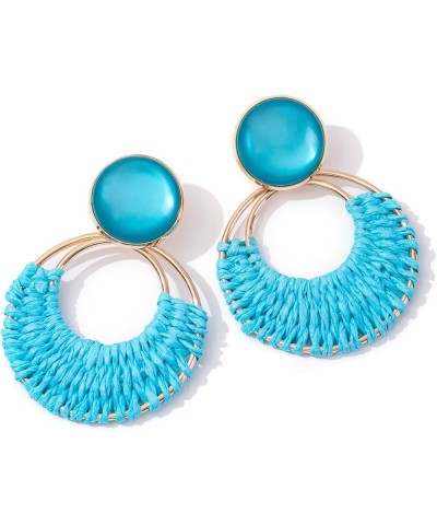 Boho Rattan Dangle Earrings for Women Trendy - Geometric Straw Raffia Earrings for Summer Beach Vacation BLUE $10.02 Earrings