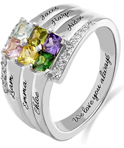 Mothers Ring Sterling Silver with 1-9 Birthstones & Names Personalized Women Band Custom Stones Children Names White Gold Pla...