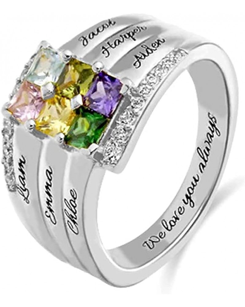 Mothers Ring Sterling Silver with 1-9 Birthstones & Names Personalized Women Band Custom Stones Children Names White Gold Pla...