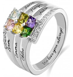 Mothers Ring Sterling Silver with 1-9 Birthstones & Names Personalized Women Band Custom Stones Children Names White Gold Pla...