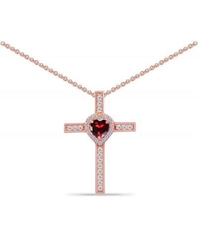 Sterling Silver Genuine, Simulated Gemstone & Cubic Zirconia Halo Heart Cross Pendant Necklace for Women Girls Gift Box Simul...