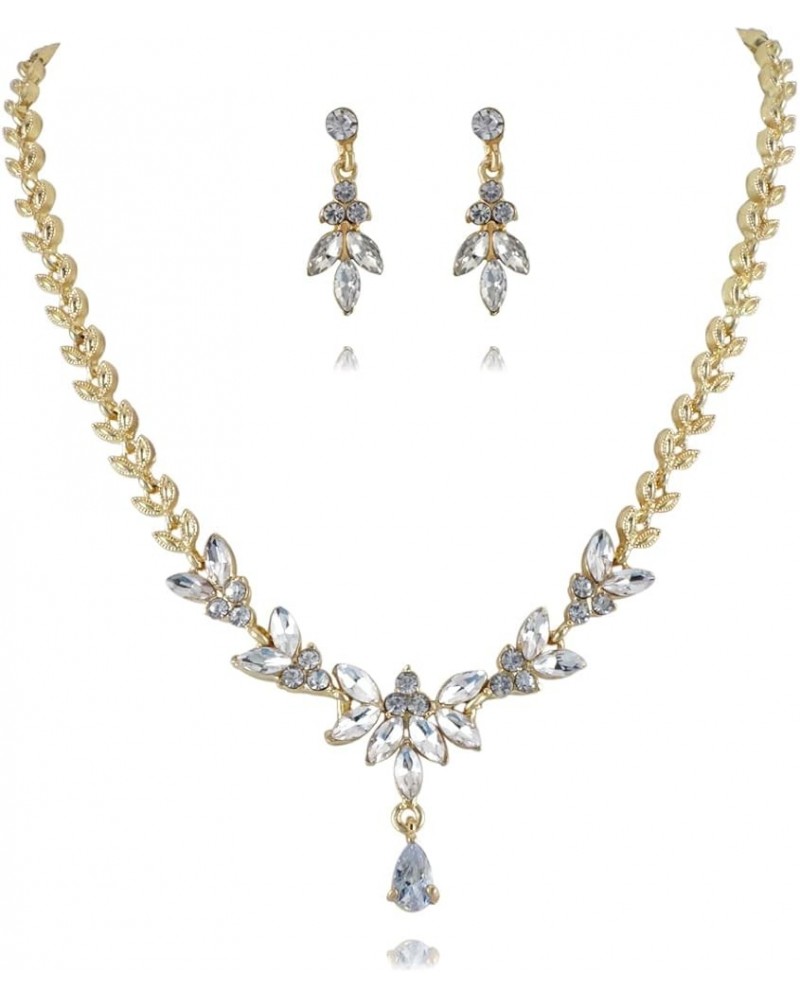 Stunning Elegant Rhinestone Leaf Marquise Cluster Y-Necklace Dangle Earrings Bridal Wedding Party Costume Jewelry Sets for Br...