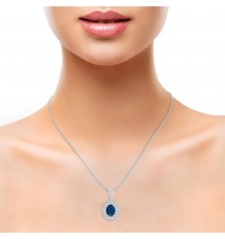 Natural Blue Sapphire Oval Pendant Necklace with Diamond for Women in Sterling Silver / 14K Solid Gold/Platinum sterling Silv...