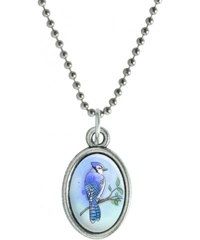 Blue Jay Watercolor Northeastern Bird Antiqued Oval Charm Pendant with Chain $9.34 Necklaces