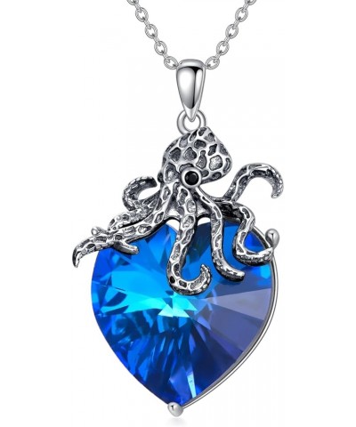 925 Sterling Silver Ocean Animal Pendant Necklace Octopus/Turtle Necklace Ocean Jewelry Gifts for Women Octopus+Blue Crystal ...