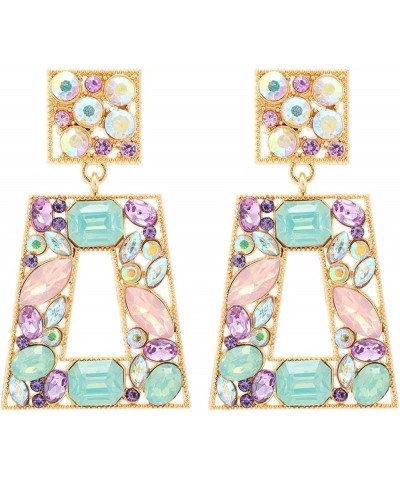 Big Rhinestone Geometry Chunky Earrings, Square Geometric Drop Dangle Earrings for Women N02 Green+Purple $6.95 Earrings