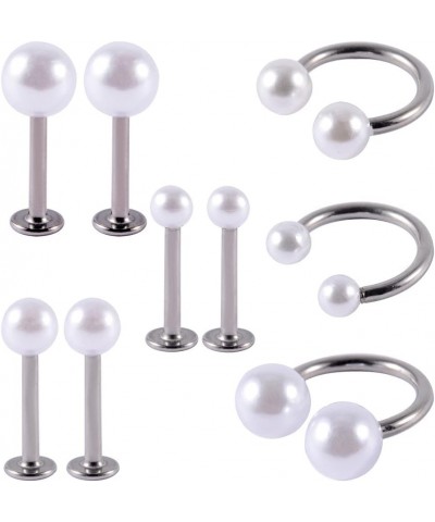 9PCS Surgical Steel&Faux Pearl Horseshoe Barbell Septum Ring Cartilage Daith Helix Tragus Earring Circular Barbell Piercing 1...