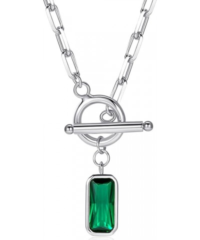 Emerald-Cut Pendant Necklace | Paperclip Gold Link Chain Green CZ Solitaire Pendant Necklace | East West Bezel Set Charm 17+2...