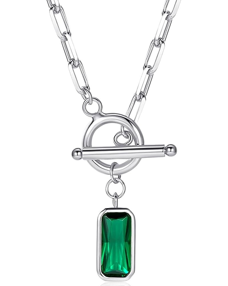 Emerald-Cut Pendant Necklace | Paperclip Gold Link Chain Green CZ Solitaire Pendant Necklace | East West Bezel Set Charm 17+2...