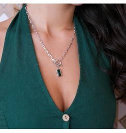 Emerald-Cut Pendant Necklace | Paperclip Gold Link Chain Green CZ Solitaire Pendant Necklace | East West Bezel Set Charm 17+2...