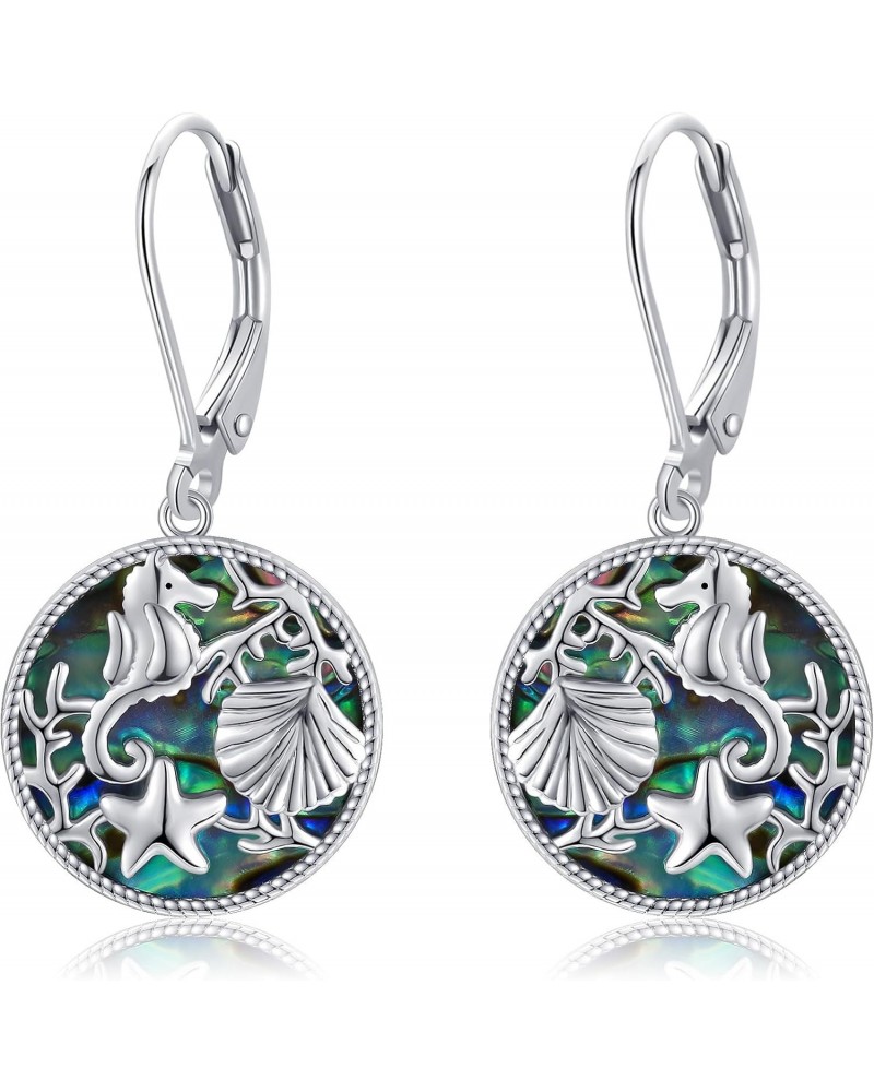 925 Sterling Silver Ocean Earrings, Abalone Shell Earrings for Women, Cute Seahorse Starfish Shell Earrings $17.48 Earrings