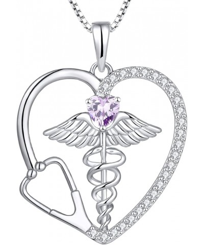 Caduceus Heart Necklace for Women Sterling Silver Doctor Nurse Themed Stethoscope Pendant Gemstones Angel Wings Snake Jewelry...