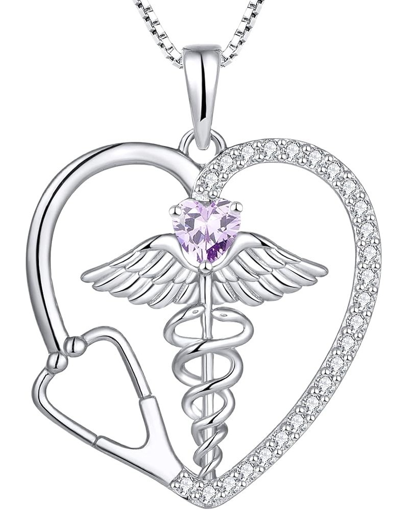 Caduceus Heart Necklace for Women Sterling Silver Doctor Nurse Themed Stethoscope Pendant Gemstones Angel Wings Snake Jewelry...