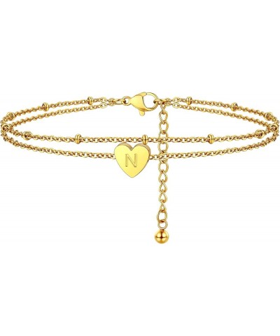 Gold Plated Heart Anklet, Summer Beach Foot Chain, A to Z Initial Ankle Bracelet, Adjustable-Send Gift Box N-golden $7.50 Ank...