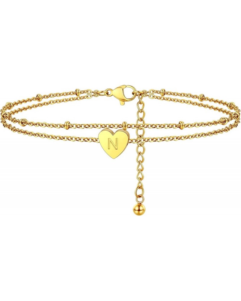 Gold Plated Heart Anklet, Summer Beach Foot Chain, A to Z Initial Ankle Bracelet, Adjustable-Send Gift Box N-golden $7.50 Ank...