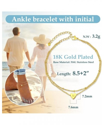 Gold Plated Heart Anklet, Summer Beach Foot Chain, A to Z Initial Ankle Bracelet, Adjustable-Send Gift Box N-golden $7.50 Ank...